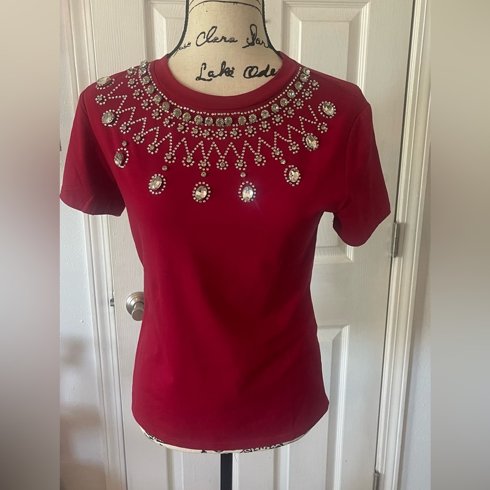 NWT- Bling Bling Chic Red Top size Small short sleeves perfect for the Holidays!